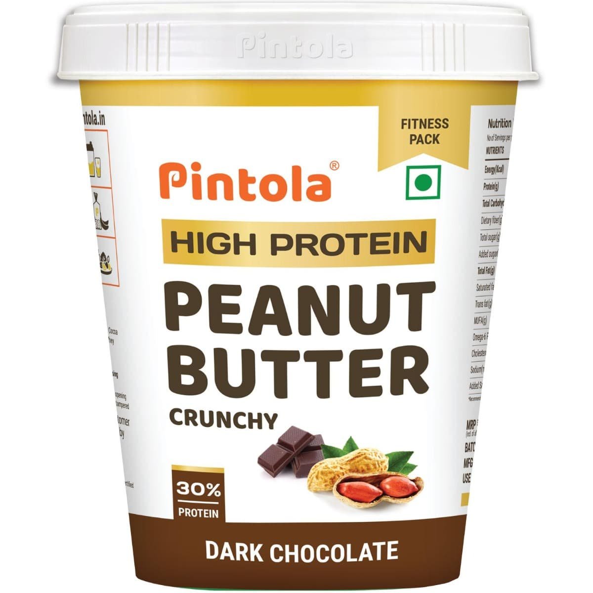 PINTOLA High Protein Peanut Butter Chocolate Flavour Crunchy 1kg, Added WHEY Protein, Protein Fiber, Gluten Free, Zero Trans Fat, Dark Chocolate Peanut Butter Spread, Nut Butter Bread Snacks 1kg