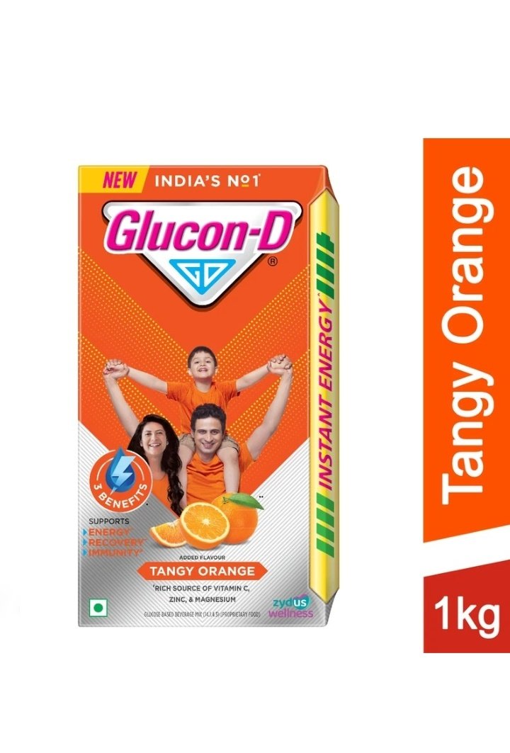Glucon-D Tangy Orange with 3 Benefits of Energy, Recovery, and Immunity, Refill 1kg