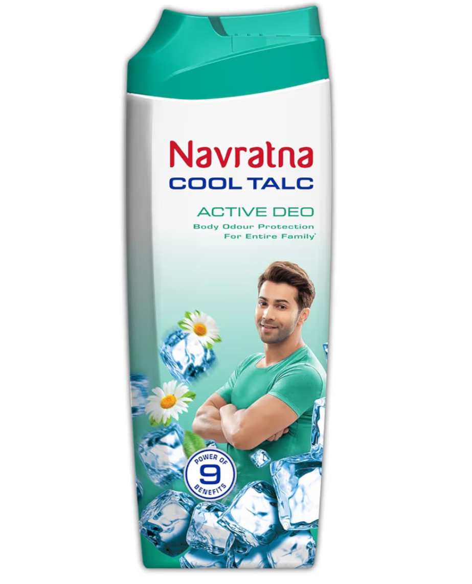Navratna Cool Talc Active Deo | Talcum Powder | Body Odour Protection & Strong Cooling Effect | Long Lasting Freshness & Fragrance, 100gm Free Navratna Gold Ayurvedic oil 35ml worth ₹40