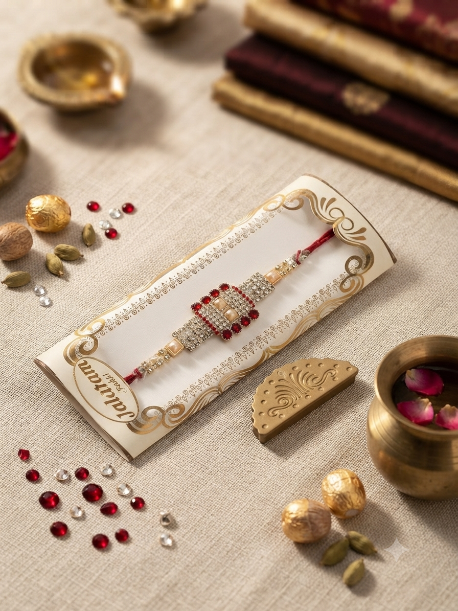 Traditional Classic Stone Rakhi Premium Red & Gold Zarkan Rakhi By SNAPGET 